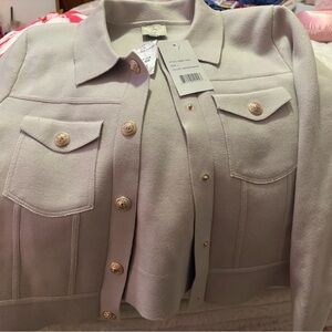 Sioni Winter White Knit Cardigan Sweater L Collared Gold Buttons Pockets